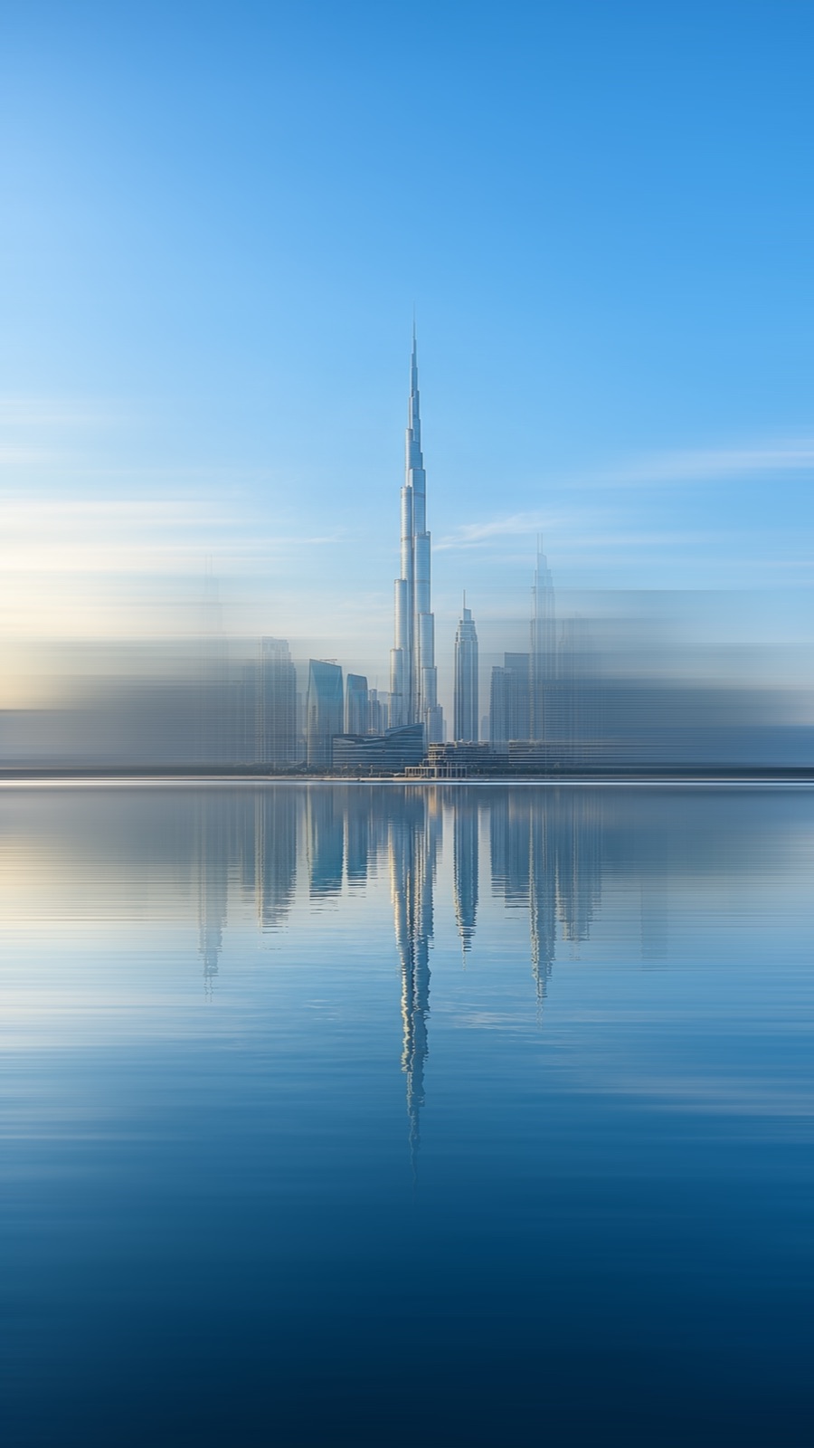 The Dubai skyline reflected in still water, motion blurred