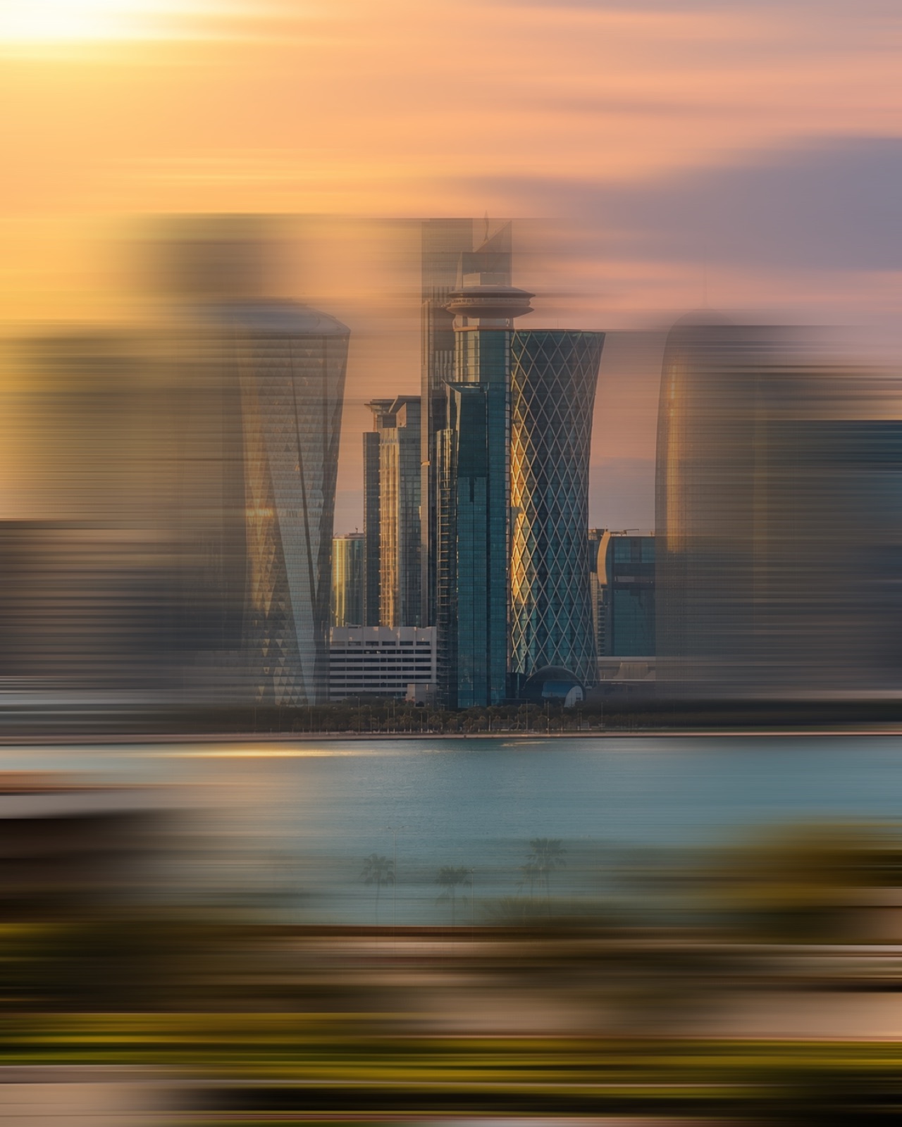 The Doha skyline at dusk, motion blurred