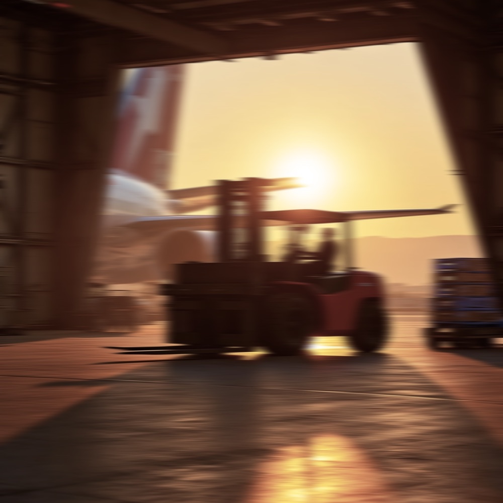 A forklift at a loading bay at sunset